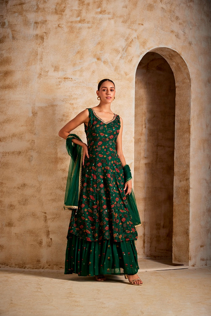 Neerus Women Bottle Green Color Georgette Fabric Gown