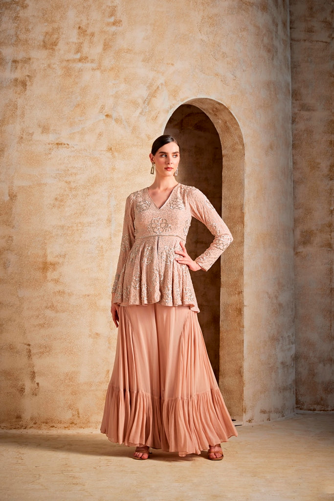 Neerus Orange georgette embroidered suit set - back view