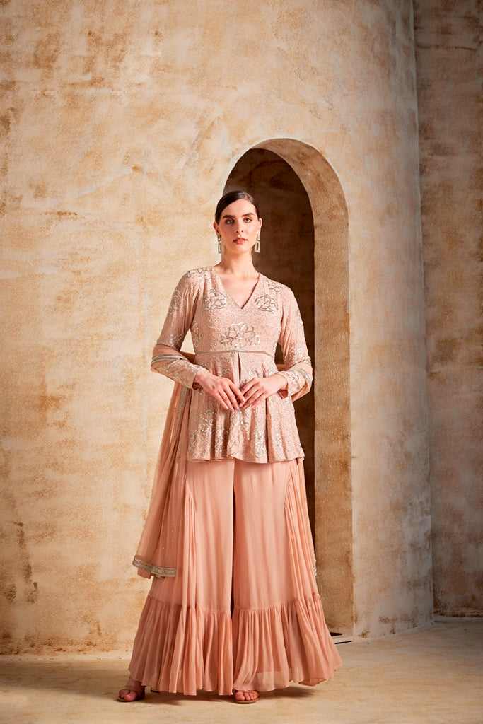 Neerus Orange georgette embroidered suit set - front view