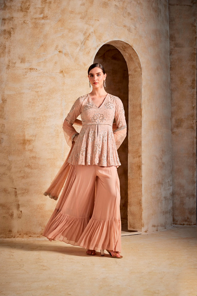 Neerus Orange georgette embroidered suit set - side view