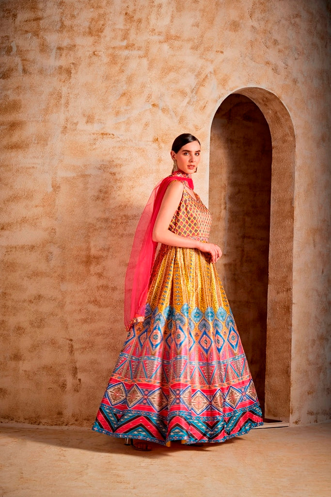 Neerus Yellow Color Silk Fabric Gown