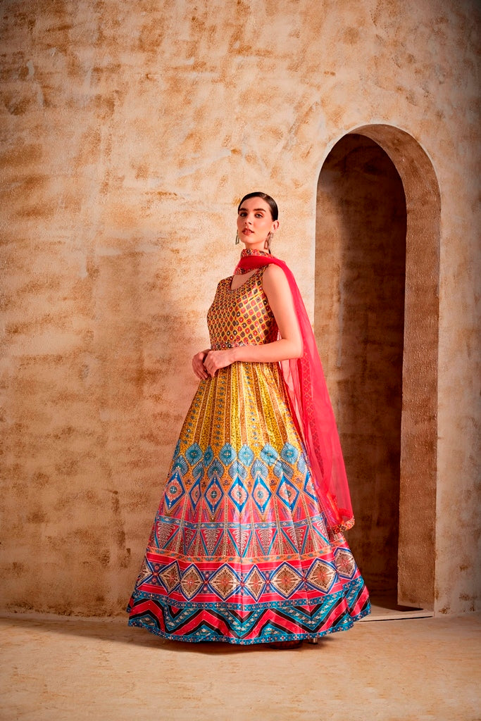 Neerus Yellow Color Silk Fabric Gown