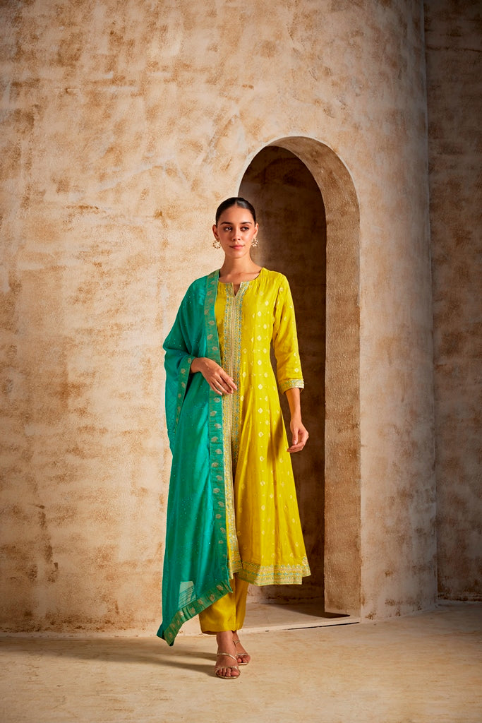 Neerus Green georgette embroidered suit set - detail view 1