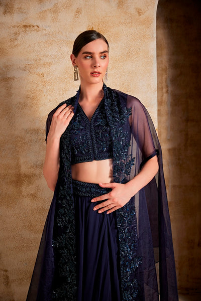 NEERU'S NAVY BLUE COLOR ORGANZA FABRIC FUSION SET