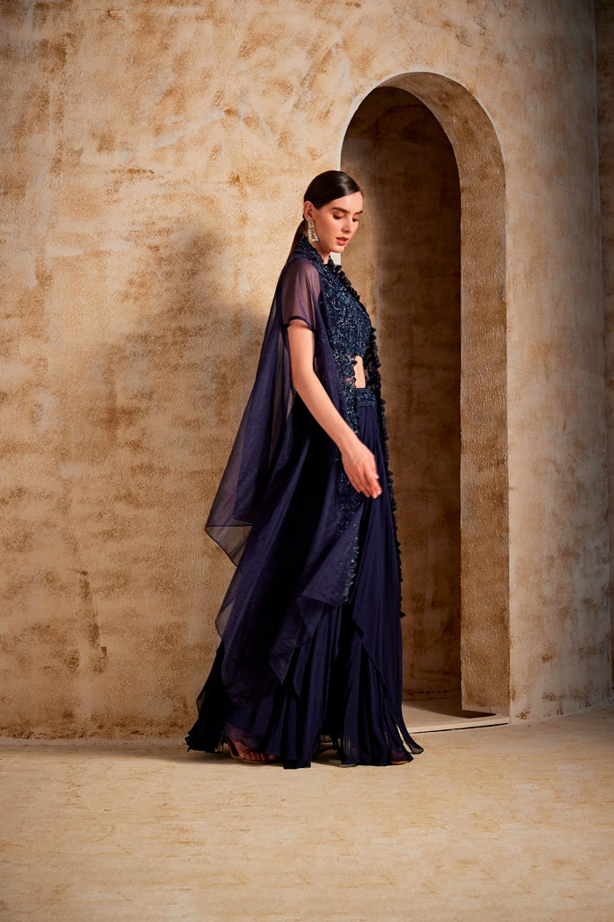 NEERU'S NAVY BLUE COLOR ORGANZA FABRIC FUSION SET