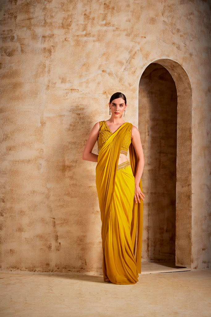 Neerus Mustard Color Georgette Fabric Drape Saree