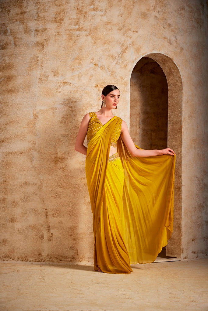 Neerus Mustard Color Georgette Fabric Drape Saree