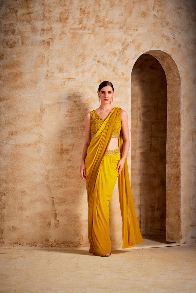 Neerus Mustard Color Georgette Fabric Drape Saree