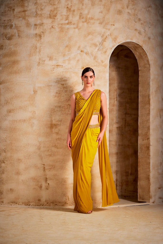 Neeru's Mustard Color Georgette Fabric Drape Saree