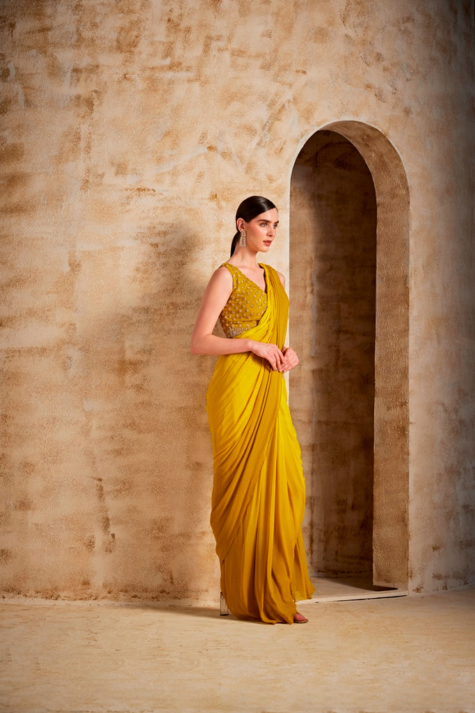 Neerus Mustard Color Georgette Fabric Drape Saree