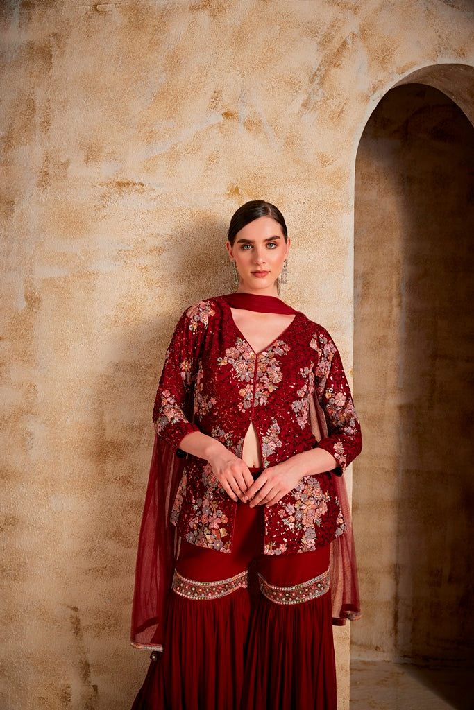 Neerus Women Maroon Suit Set