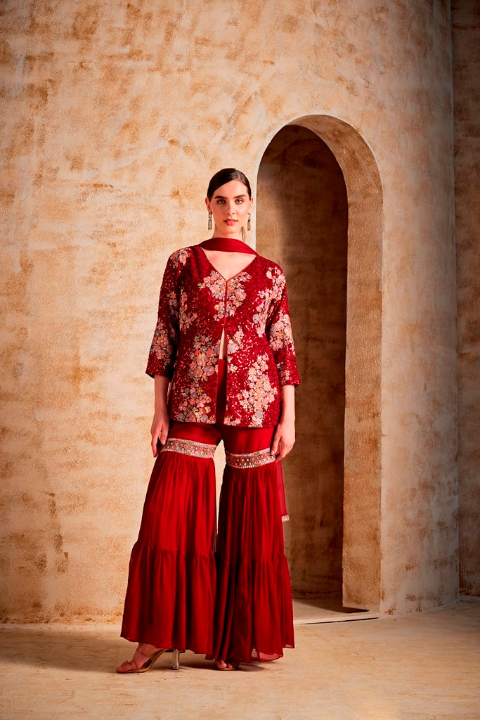 Neerus Women Maroon Suit Set