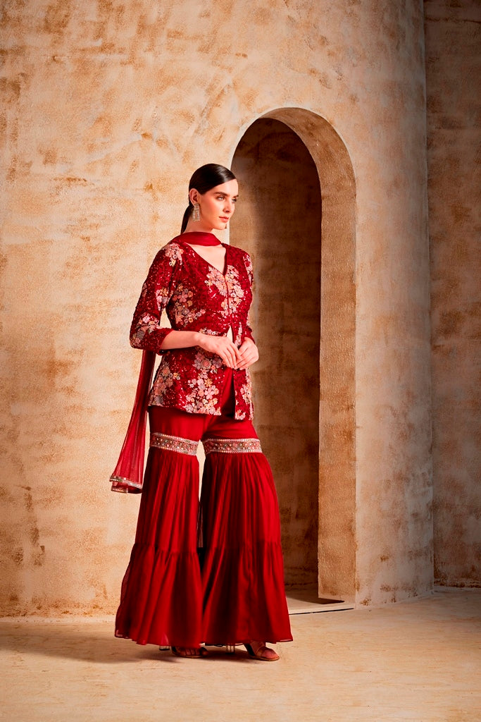 Neerus Women Maroon Suit Set