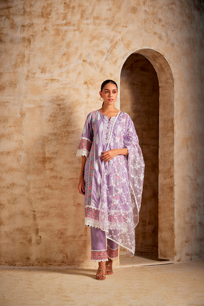 Neerus Lilac Color Cotton Fabric Kurta Set