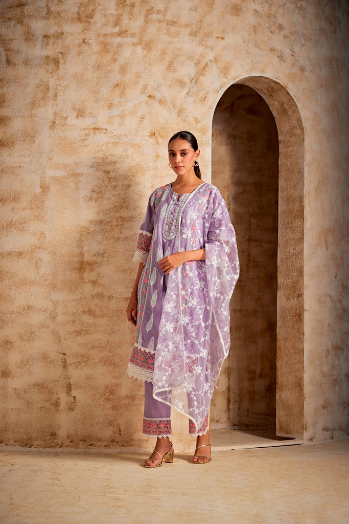 Neerus Lilac Color Cotton Fabric Kurta Set