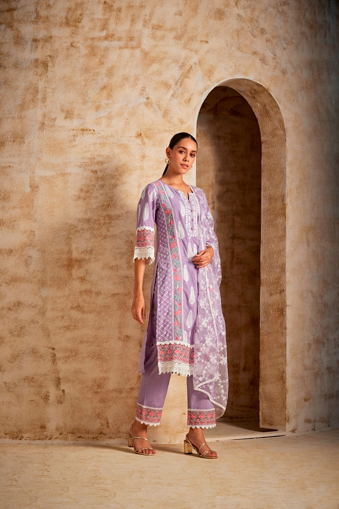 Neerus Lilac Color Cotton Fabric Kurta Set