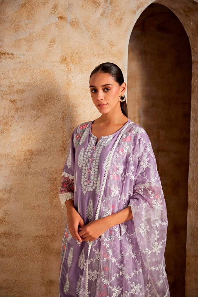 Neerus Lilac Color Cotton Fabric Kurta Set