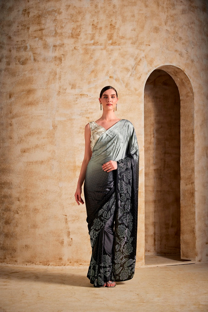 Neerus Black Color Satin Fabric Saree