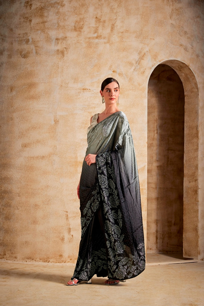 Neerus Black Color Satin Fabric Saree