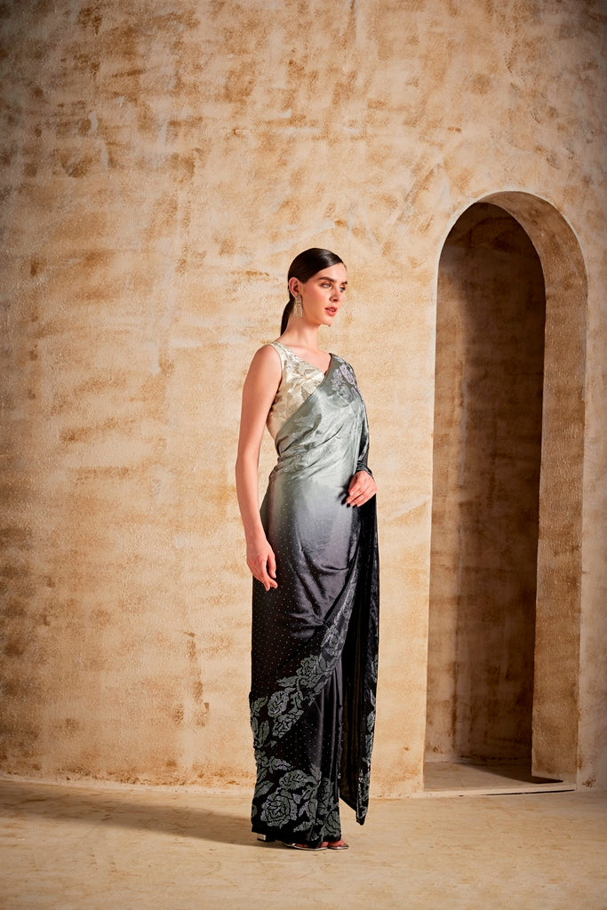 Neerus Black Color Satin Fabric Saree