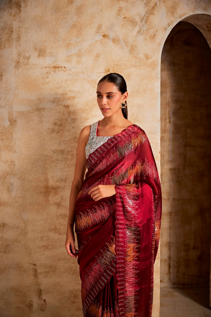 Neerus Maroon Color Jimmy Choo Fabric Saree