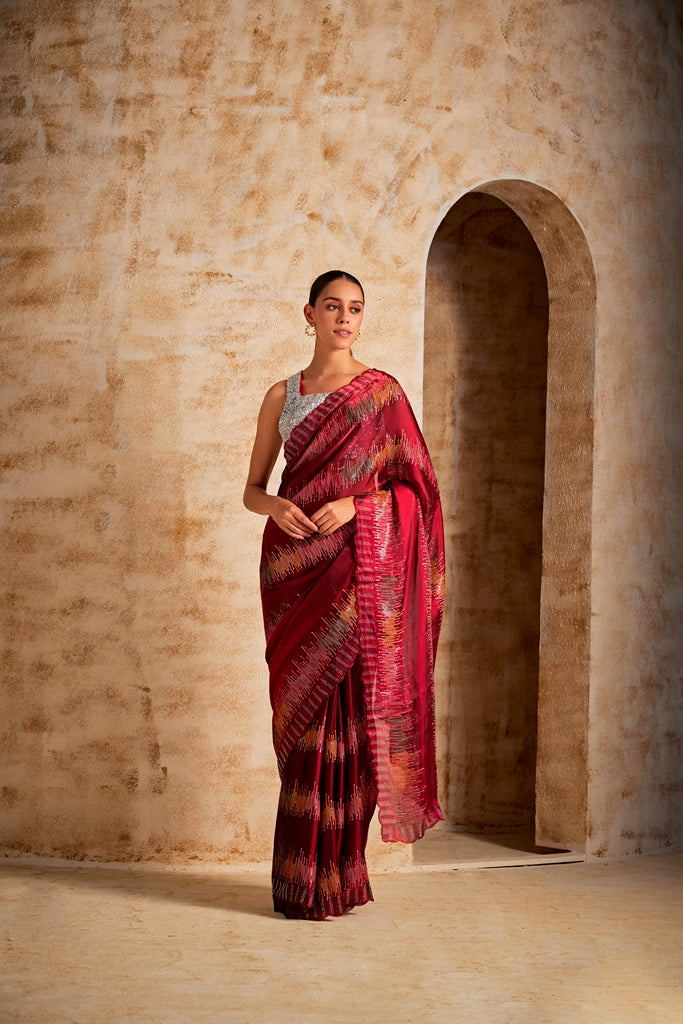 Neerus Maroon Color Jimmy Choo Fabric Saree