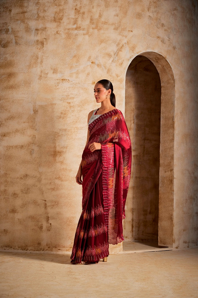 Neerus Maroon Color Jimmy Choo Fabric Saree