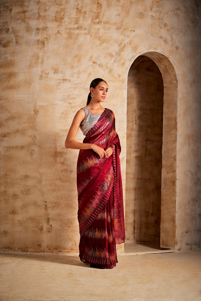 Neerus Maroon Color Jimmy Choo Fabric Saree