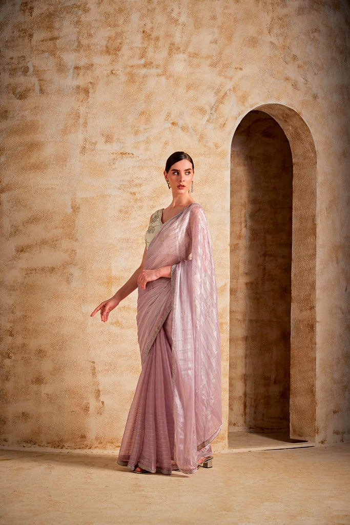 Neerus Womens Lilac Color Organza Fabric Saree