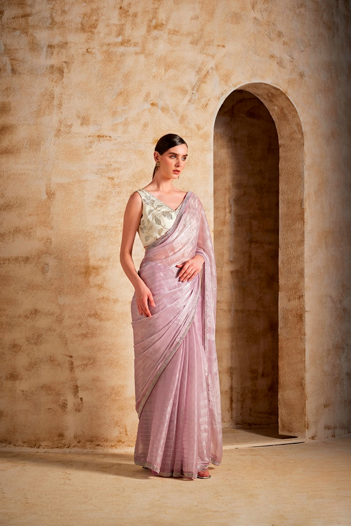 Neerus Womens Lilac Color Organza Fabric Saree