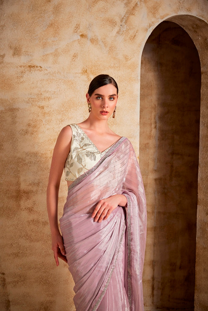 Neerus Womens Lilac Color Organza Fabric Saree