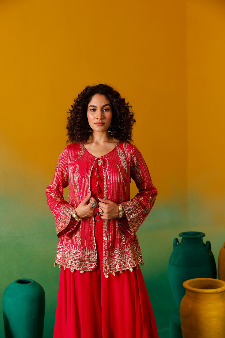 Neerus Rani Pink Embroidery Georgette Fabric Fusion Set.