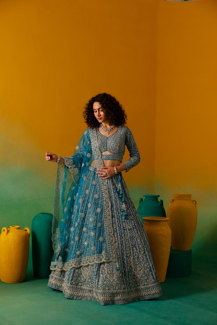 Neerus Rama Embroidery work Nett Fabric Ghagra Set