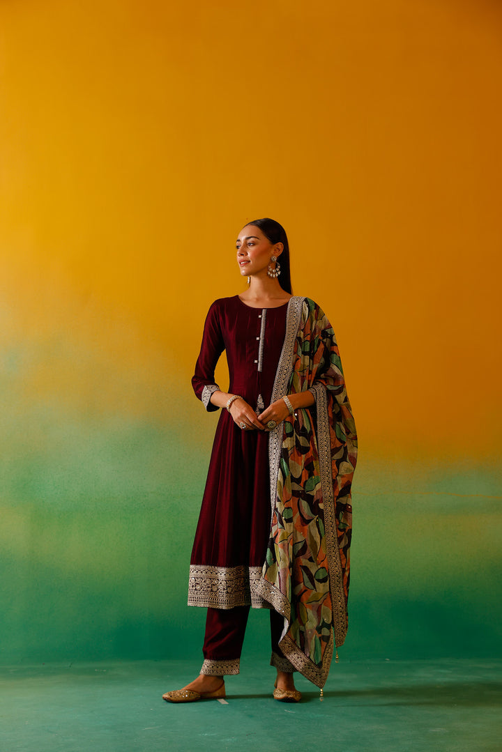 Neerus Wine Embroidery Vichitra Silk Fabric Anarkali Trouser and Dupatta
