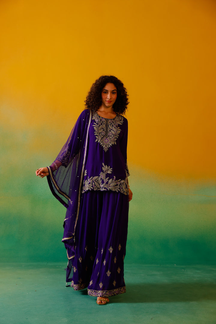 Neerus Purple Embroidery Georgette Fabric Kurti Plazzo and Dupatta