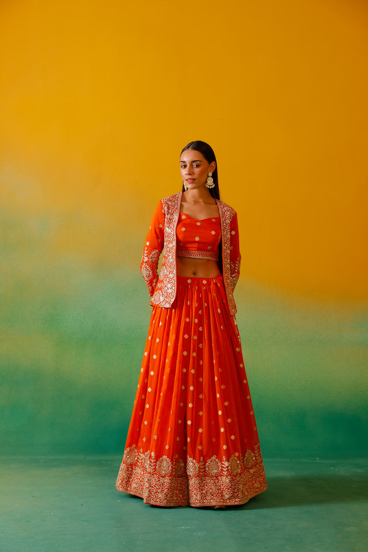 Neerus Rust Embroidery work Organza Fabric Ghagra Set