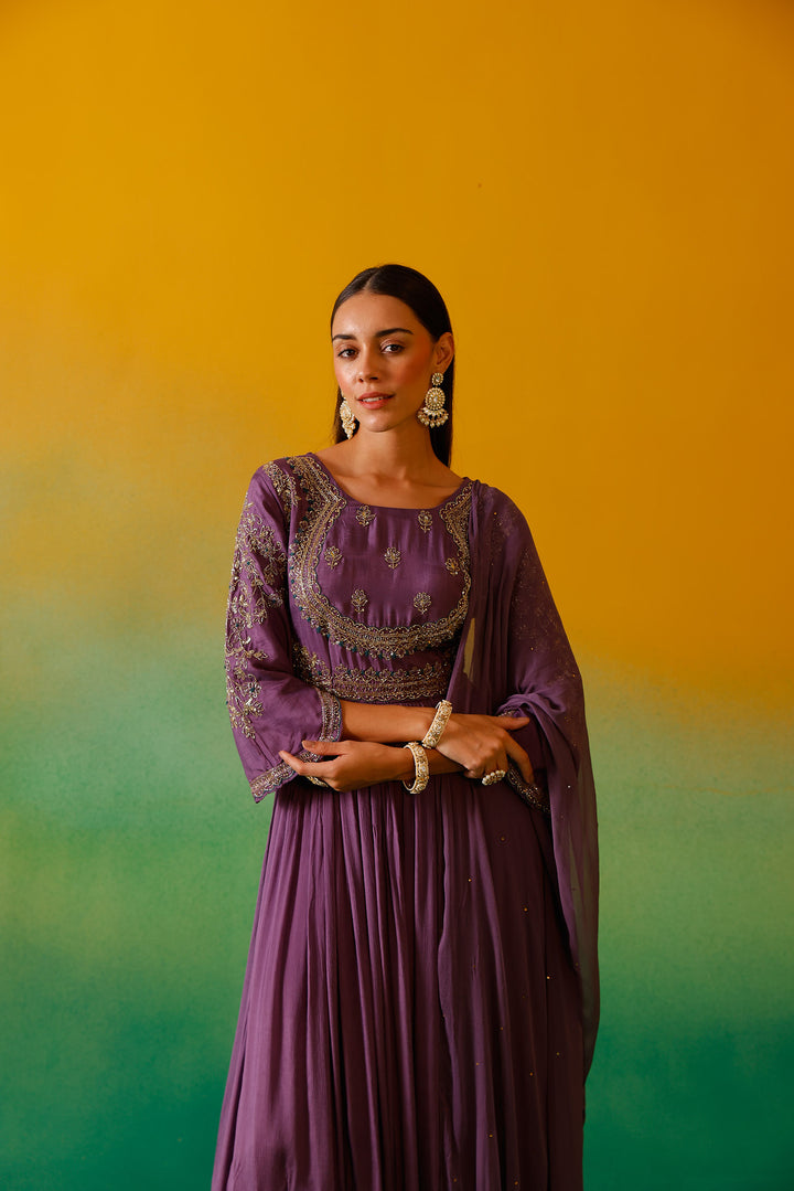 Neerus Lavender Embroidery Chinon Fabric Anarkali and Dupatta.