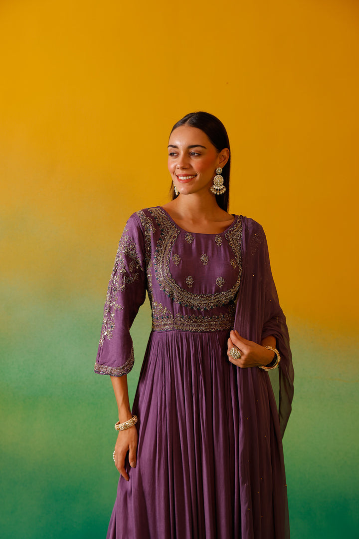 Neerus Lavender Embroidery Chinon Fabric Anarkali and Dupatta.