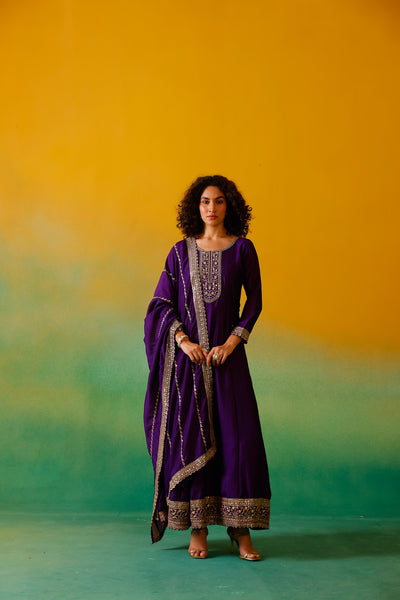 Neerus Purple Embroidery Vichitra Silk Fabric Anarkali Trouser and Dupatta