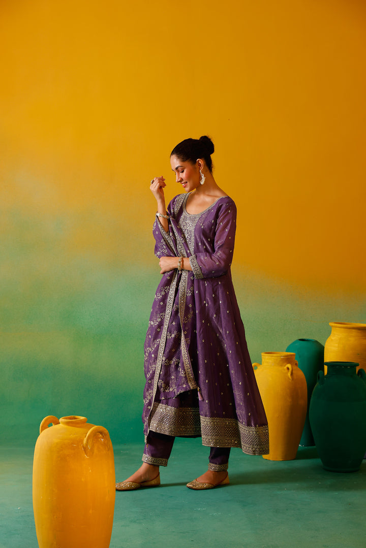 Neerus Purple Embroidery Vichitra Silk Fabric Anarkali Trouser and Dupatta.