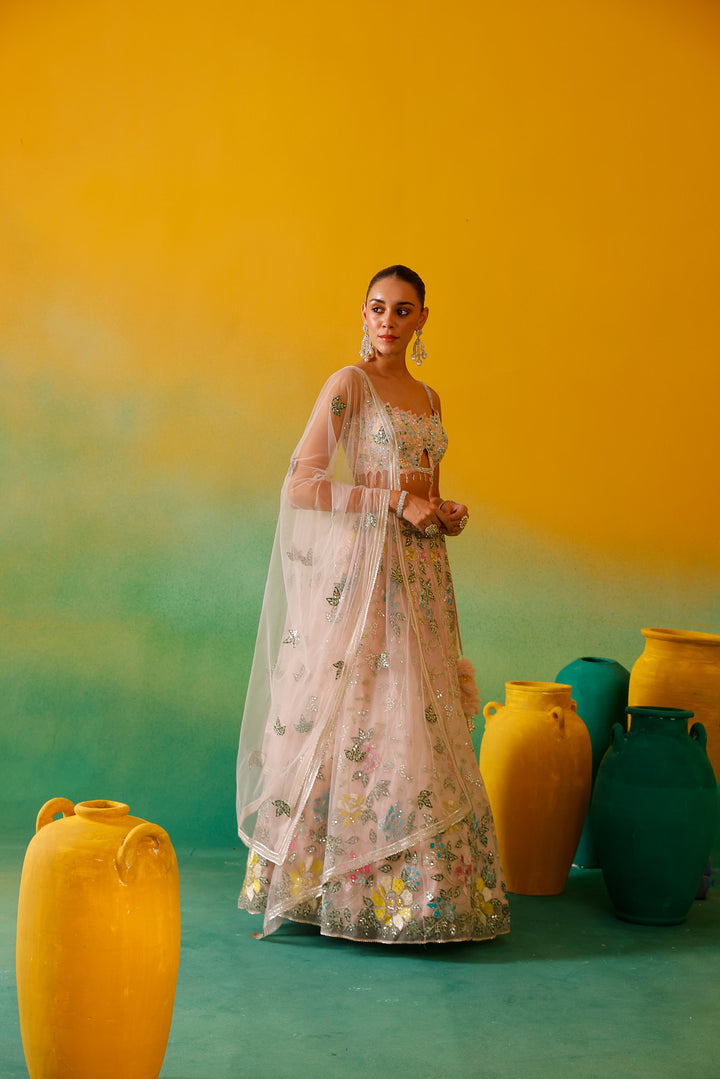 Neerus Baby Pink Embroidery work Nett Fabric Ghagra Set