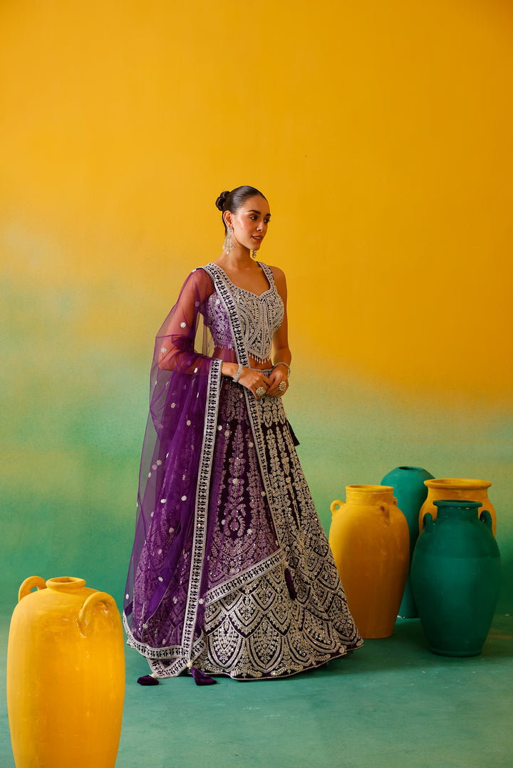 Neerus Purple Embroidery work Nett Fabric Ghagra Set