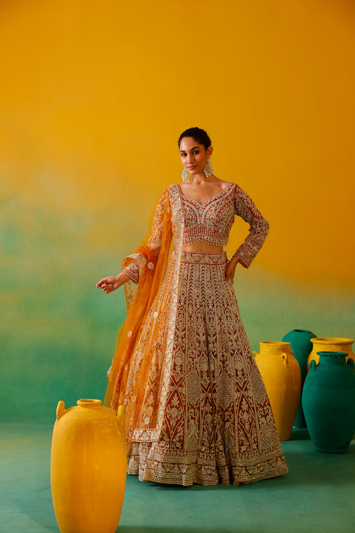 Neerus Mustard Embroidery work Nett Fabric Ghagra Set