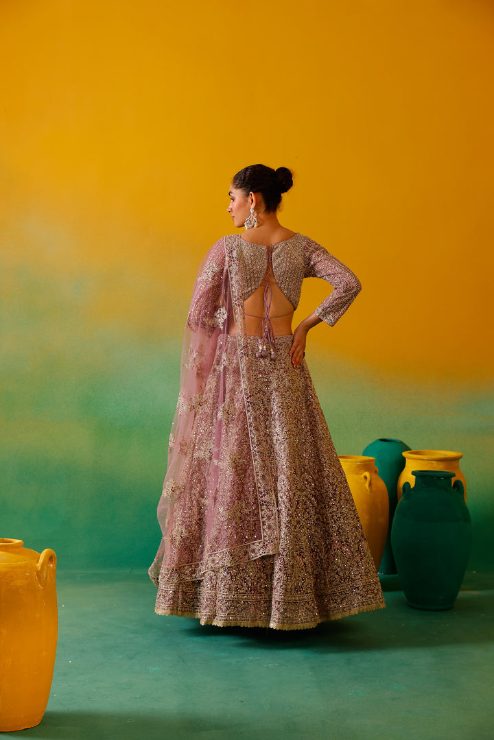 Neerus Mauve Embroidery work Nett Fabric Ghagra Set