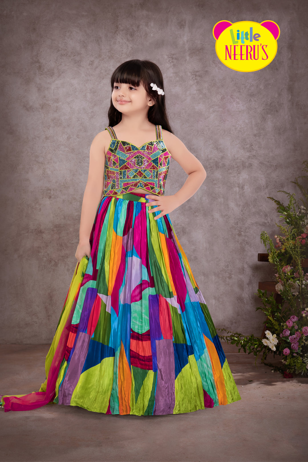 Neerus Kids Multi Crepe Fabric Ghagra Set (Sreeleela's Exclusive)