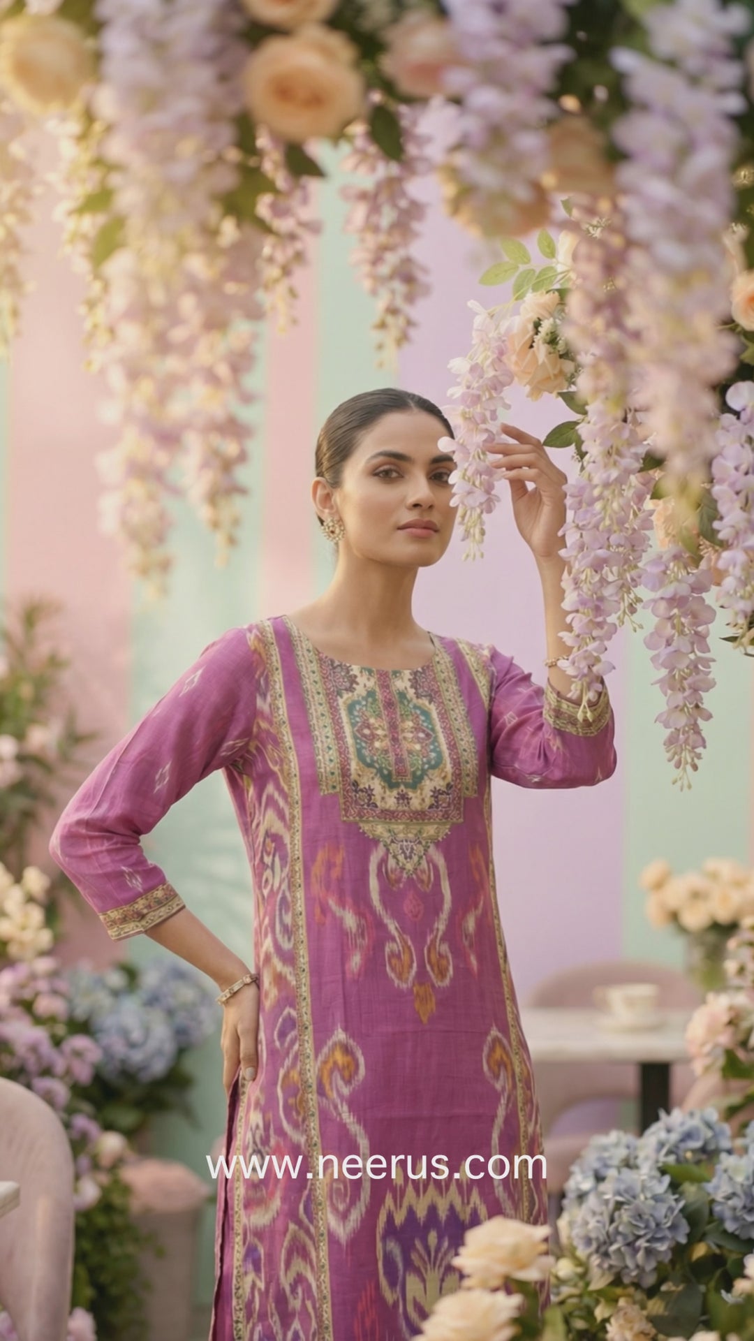 Magenta Muslin Beads And Stone Embroidery Three Piece Set