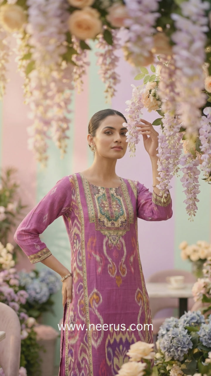 Magenta Muslin Beads And Stone Embroidery Three Piece Set