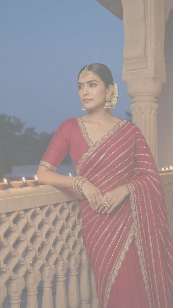 Red Tissue Stone Hand Embroidery Saree