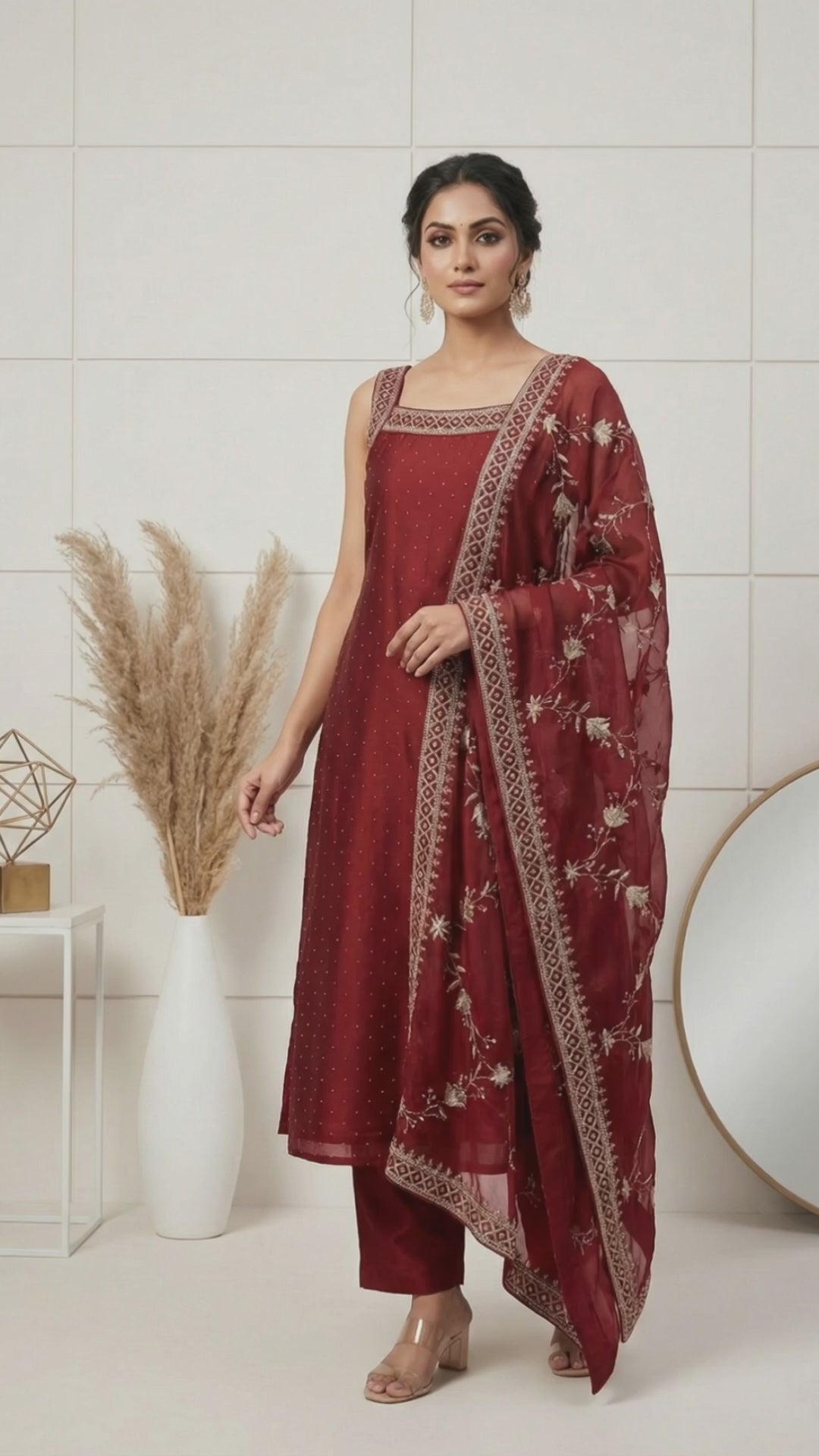Maroon Vichitra Silk Embroidery Three Piece Set