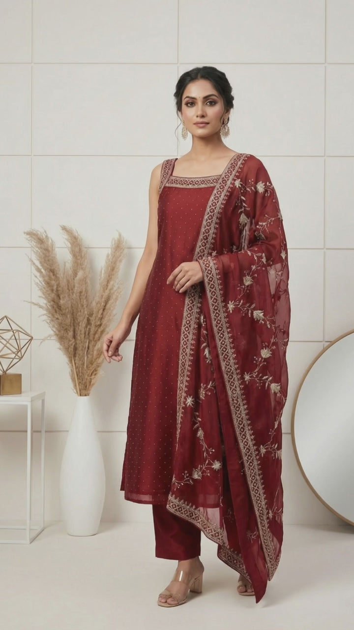Maroon Vichitra Silk Embroidery Three Piece Set
